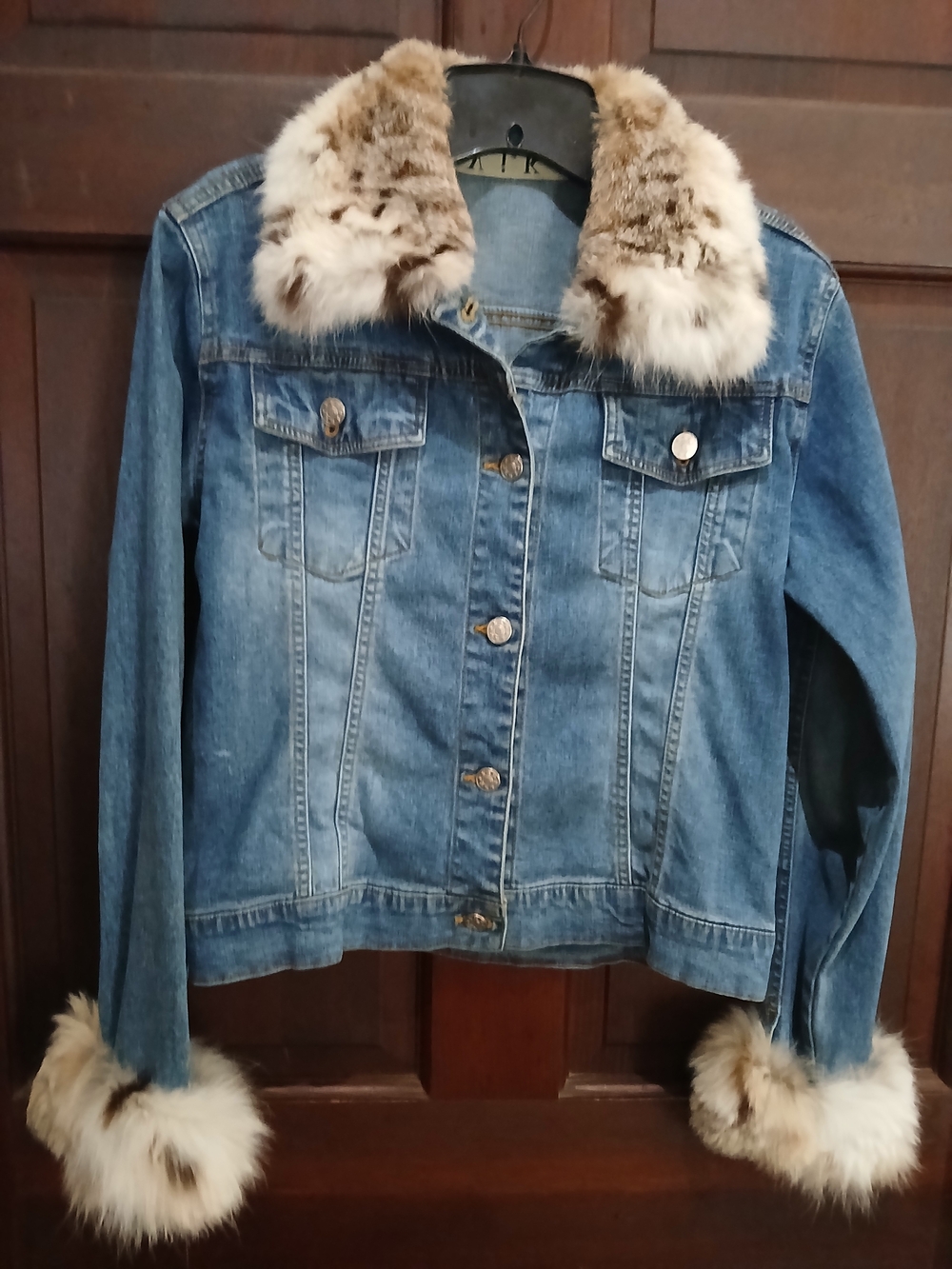 VIKI Real Fur Trim Denim Jacket - Blue Size L Vintage Style